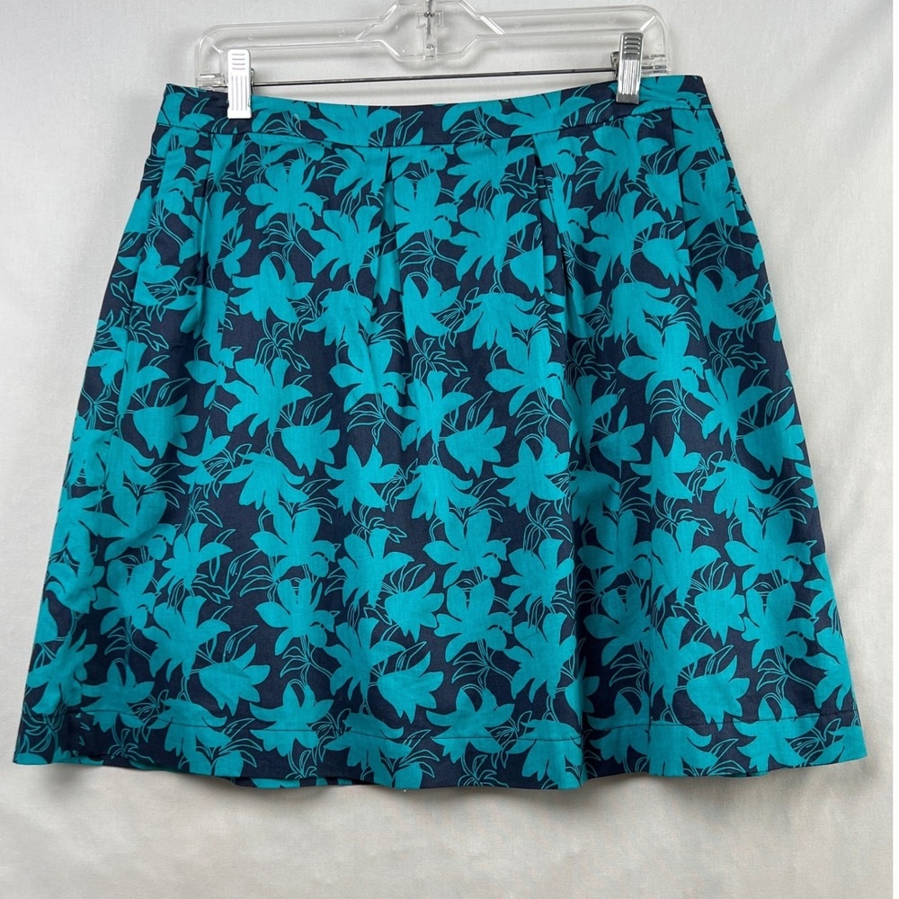Garnet Hill A-Line Skirt Womens 10 Teal Navy Blue Floral Cotton Lined Pleated